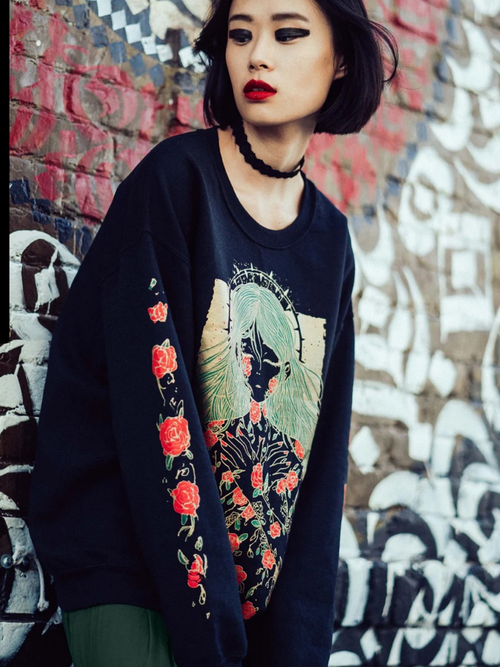 OMOCAT Rose Girl Black Sweatshirt Illustration